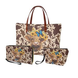 3 Pcs Hhland Cow Print Handbag Set Large Top Handle Purse With -_-